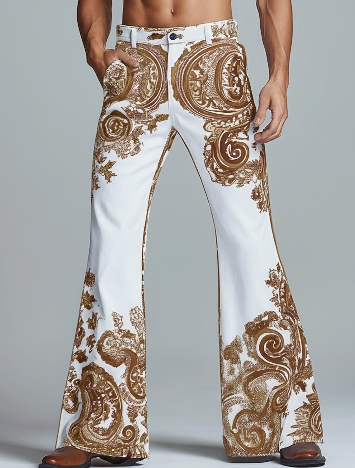 Men's Paisley Floral Print Ethnic Trousers Disco Pants 60s 70s Bell