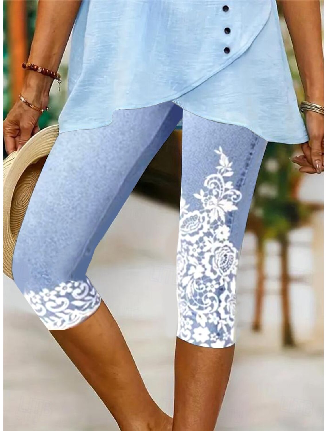 Women's Leggings Capri Pants High Elasticity Fashion Streetwear Full Length Mid Waist Floral Printing Thermal Warm Breathable Soft Outdoor Daily Beach Buff Black Blue Sky Blue Summer Spring
