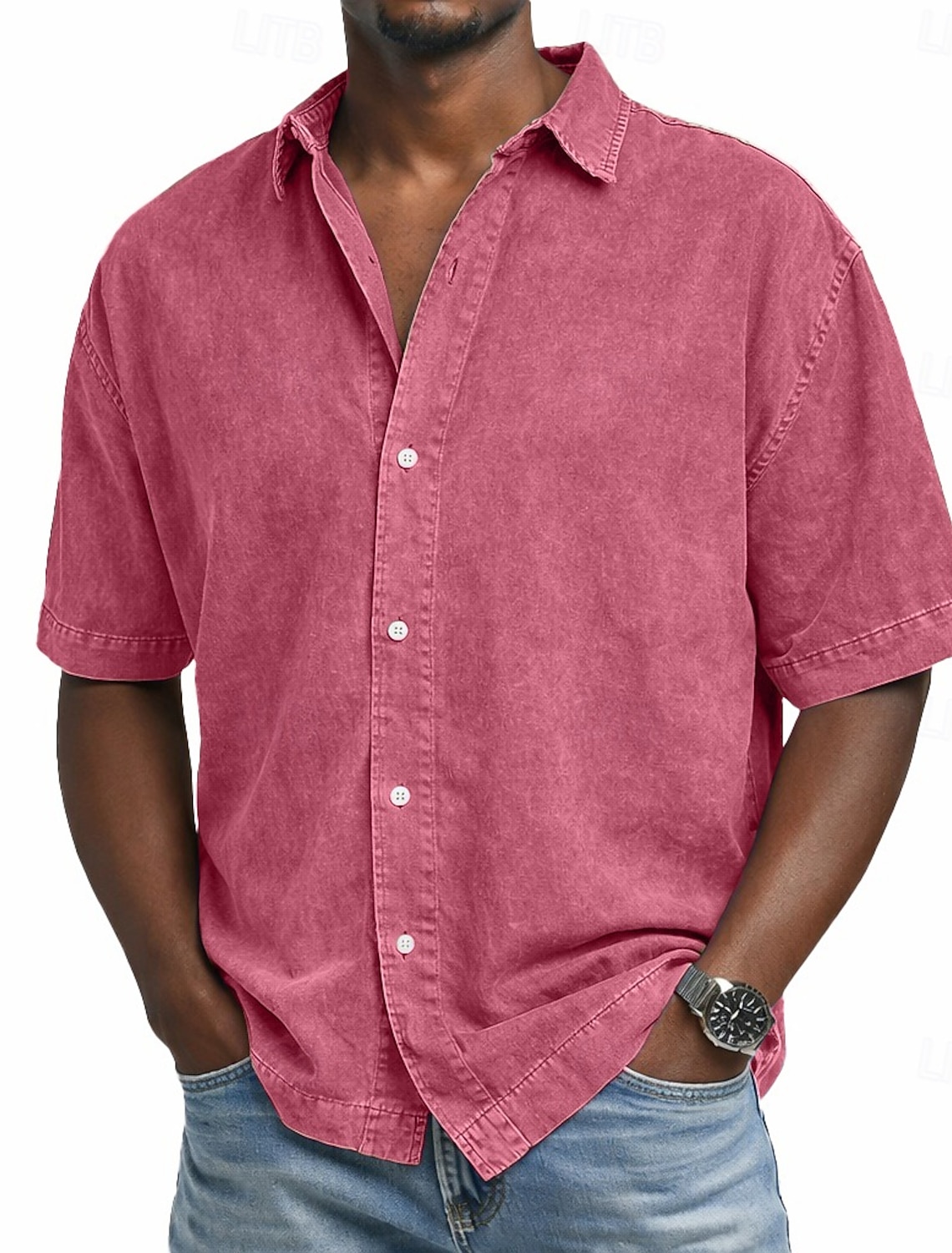 SoftFade™ Men's Shirt Casual Shirt Denim Shirt 100% Cotton Acid Wash Shirt Acid Wash Shirt Black Pink Navy Blue Purple Green Short Sleeve Plain Shirt Collar Casual Daily Clothing