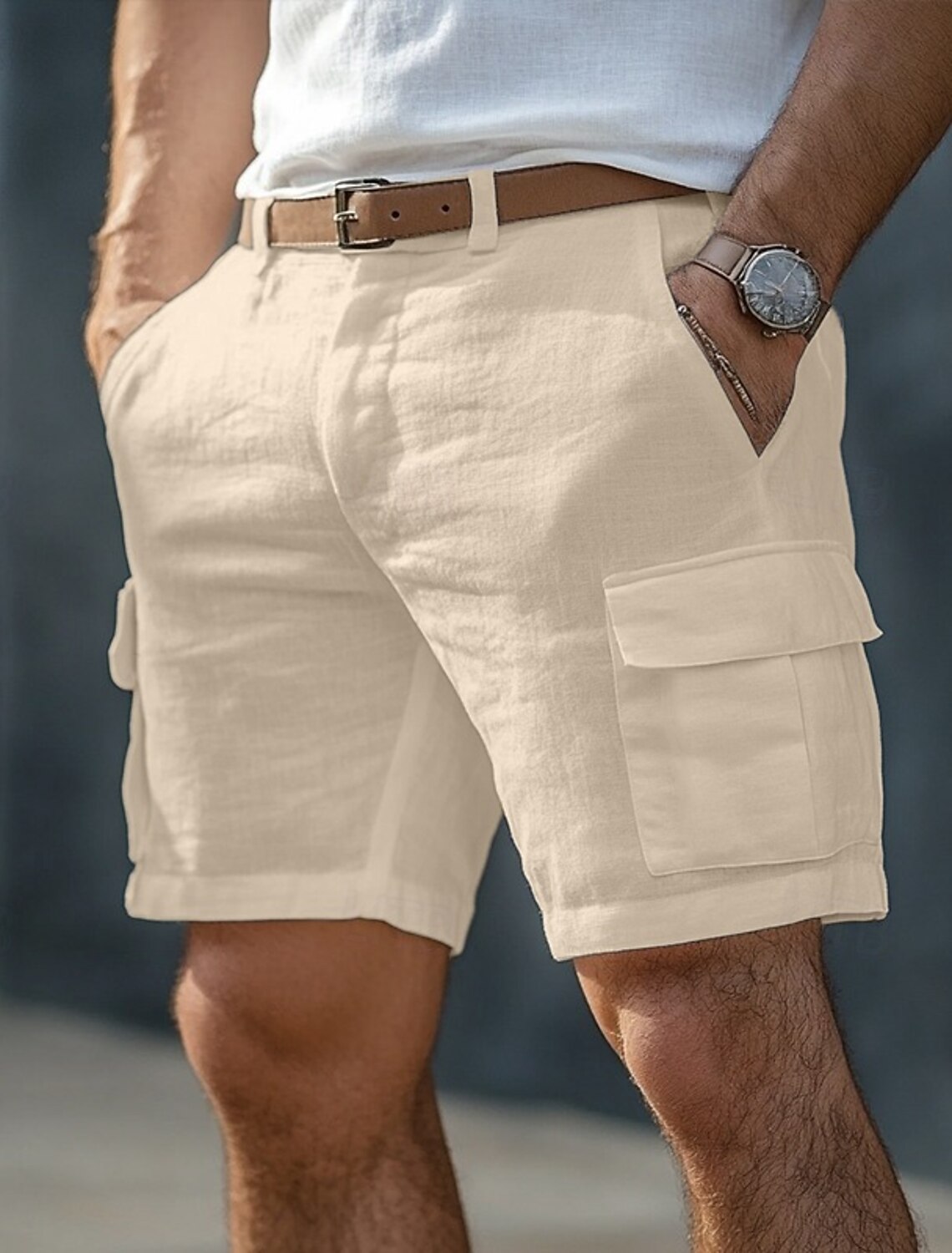 Men's Cargo Shorts Linen Shorts Summer Shorts Beach Shorts Buttons Multi Pocket Straight Leg Plain Comfort Breathable Knee Length Outdoor Business Daily Fashion Streetwear White Navy Blue