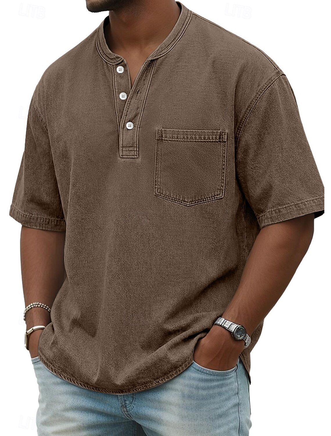 Men's Henley Shirt 100% Cotton Acid Wash T Tee Short Sleeve Solid #2