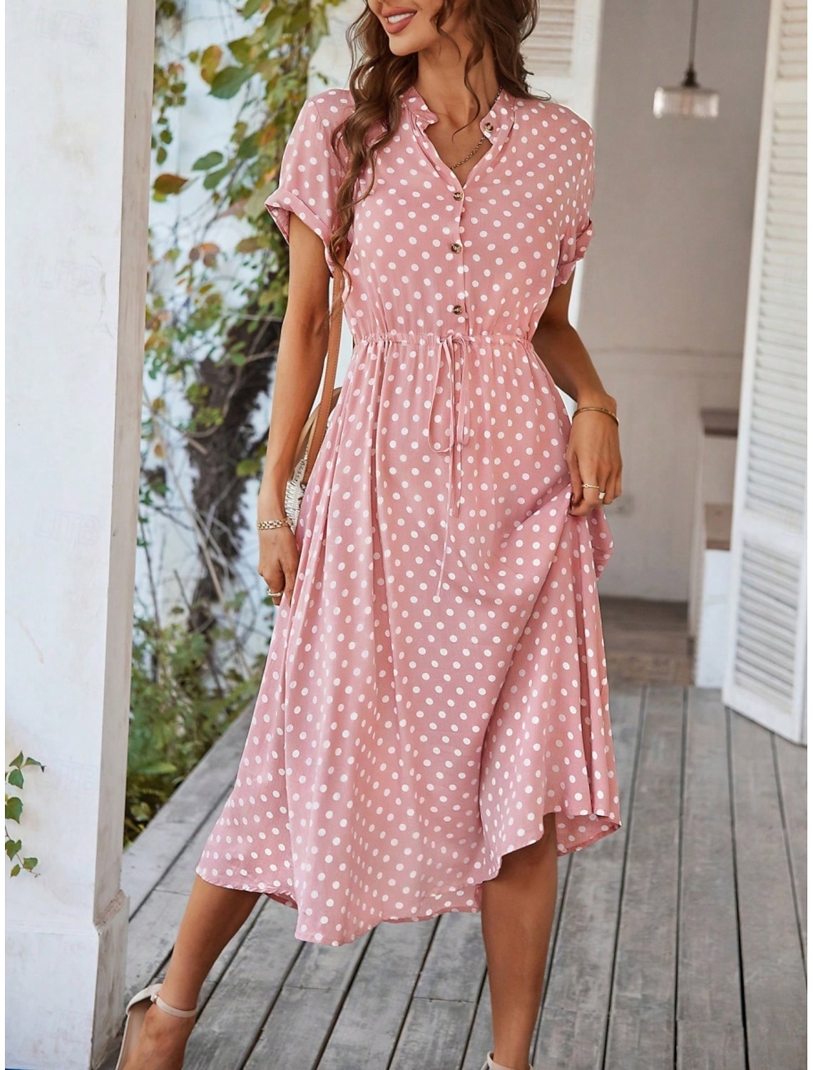 Women's Midi Dress A Line Dress Vacation Casual Outdoor Going out Regular Fit Polka Dot Short Sleeve Turndown Blue Navy White Pink Summer Spring