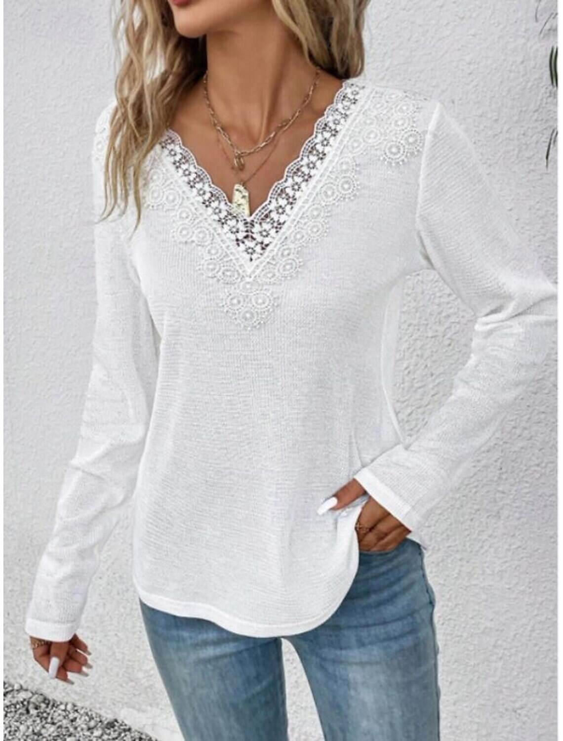 Women's Elegant Lace Tops Eyelet Blouse Casual Lace Long Sleeve Regular Tops V Neck Daily Romantic Petite Tops Summer Holiday Wear Spring Fall Semi Formal Blouses