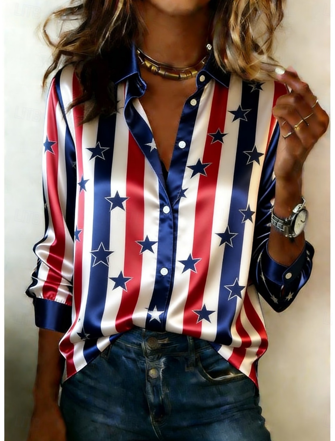 American Independence Day Women's Shirt Satin Shirt Button Down Shirt Casual Shirt Print Graphic Flag Classic Casual Long Sleeve Shirt Collar Regular Tops Daily Holiday Going out Blue Sky gray Yellow