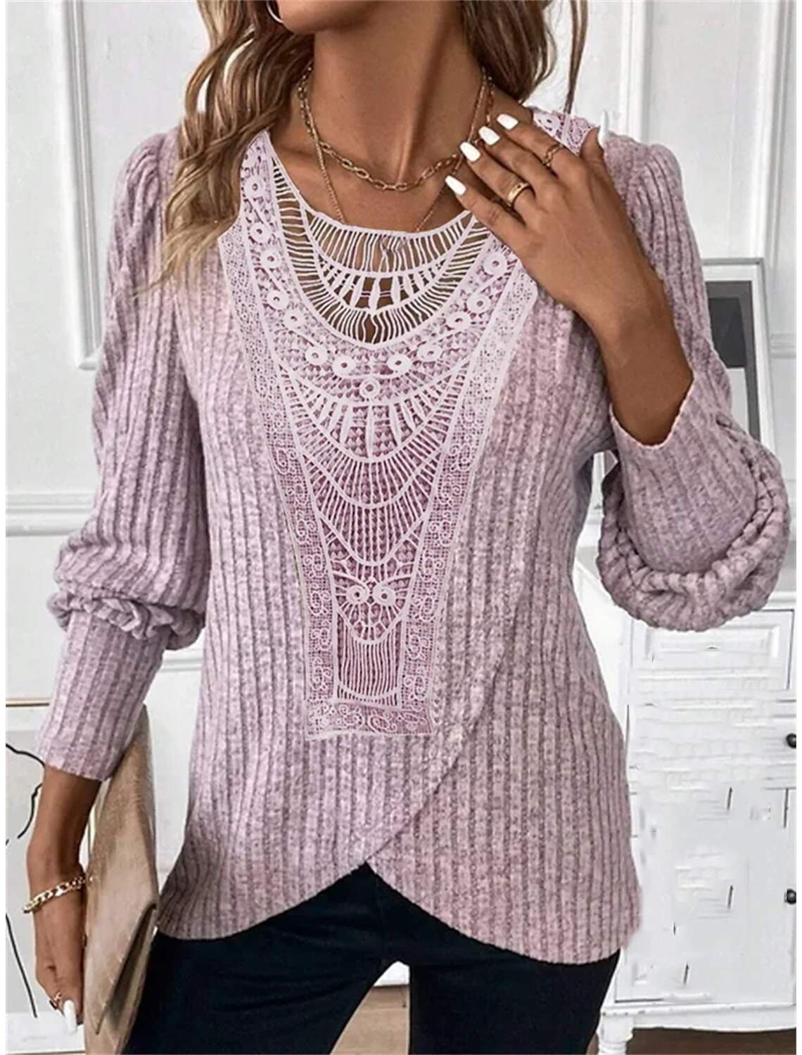 Women's Blouse Dressy Tops Casual Lace Long Sleeve Regular Tops Crew Neck Daily Spring & Fall