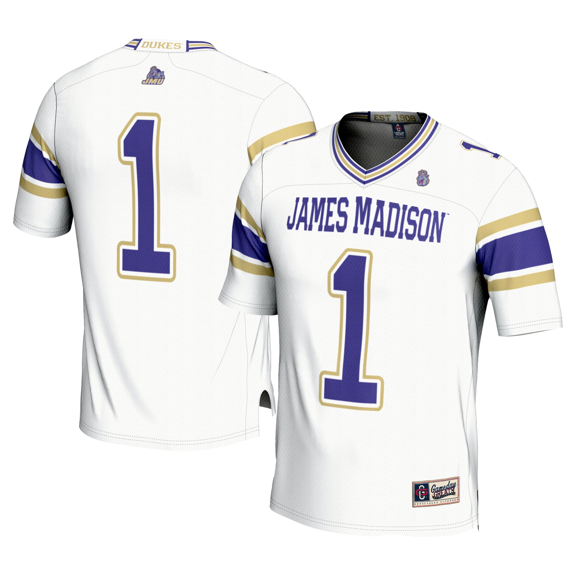 Men's #1 White James Madison Dukes Football Jersey