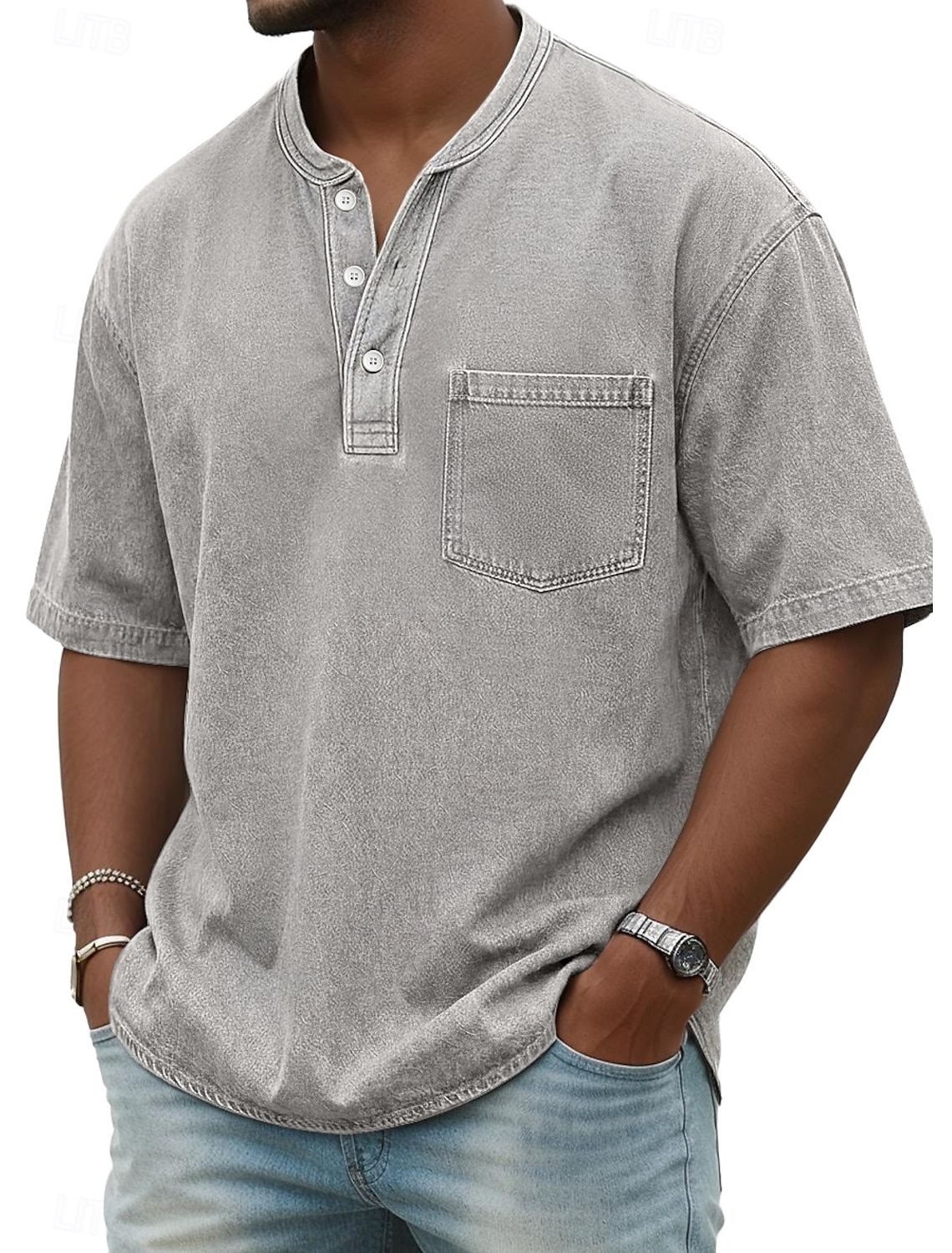 Men's Henley Shirt 100% Cotton Acid Wash T Tee Short Sleeve Solid #2