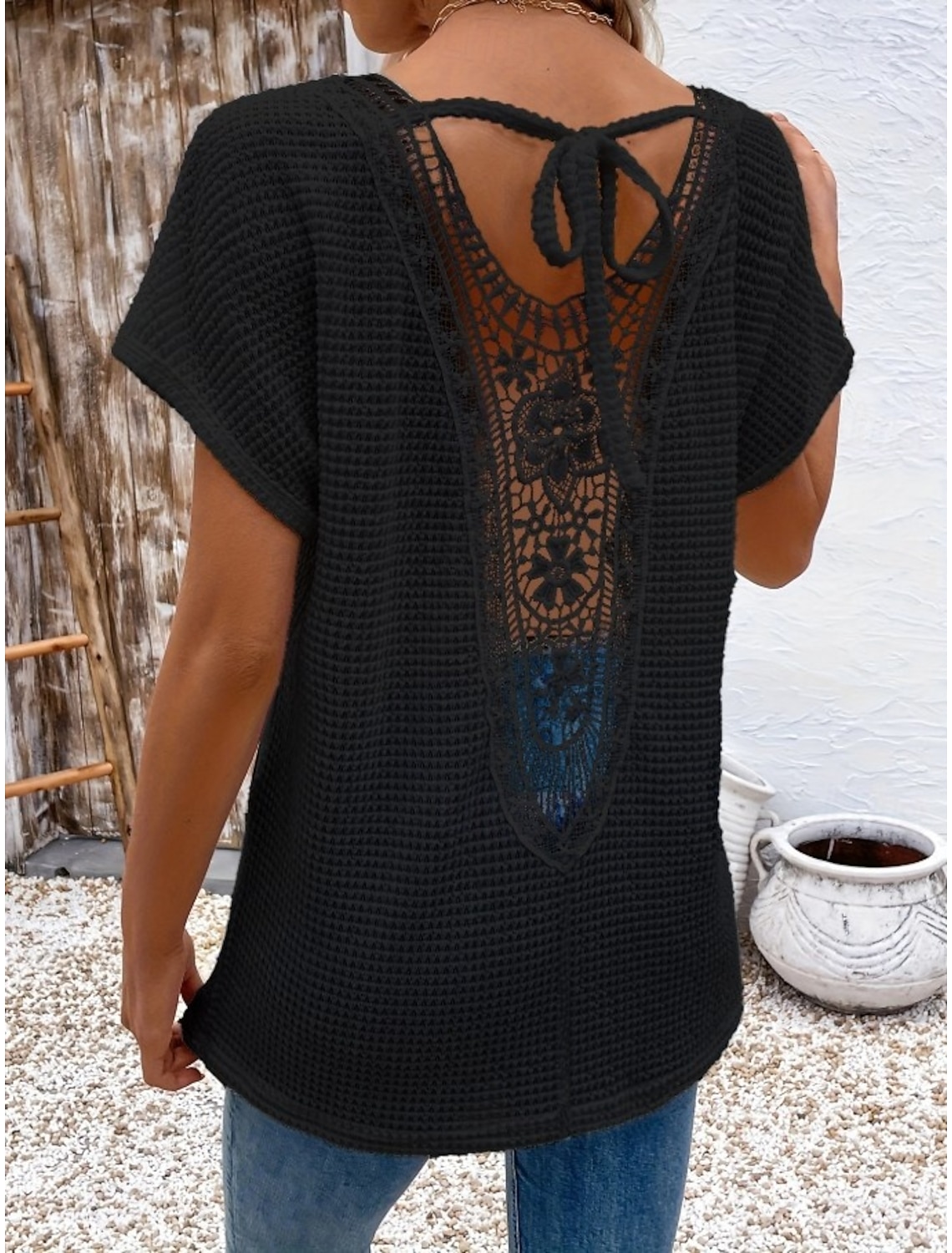 Women's Blouse Lace Solid Color Stylish Casual Short Sleeve V Neck Regular Tops Daily Blue Black White Orange Grey Summer Spring Fall