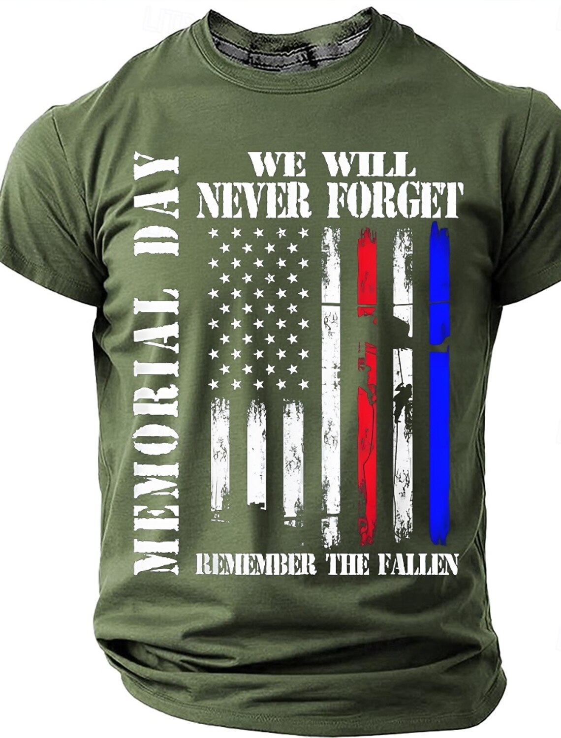 Memorial Day We Will Never Forget Remember The Fallen Men's American Flag Veteran Silhouette Patriotic Graphic T Shirt Distressed Vintage Short Sleeve Casual Tee Designer Clothing Apparel S M L XL XXL