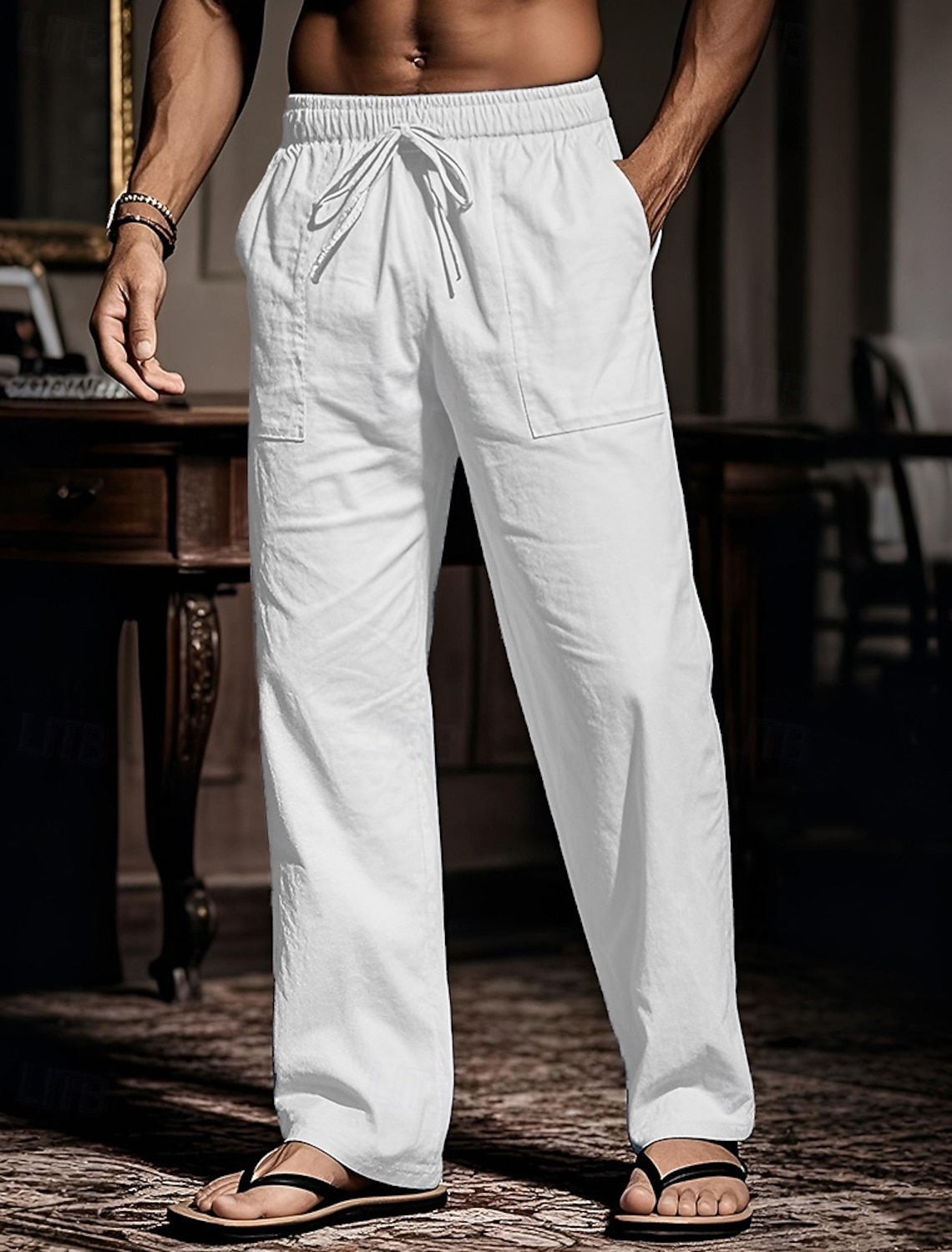Men's Cotton Pants Drawstring Pocket Elastic Waist Plain Comfort Breathable Beach Vacation Boho Black White
