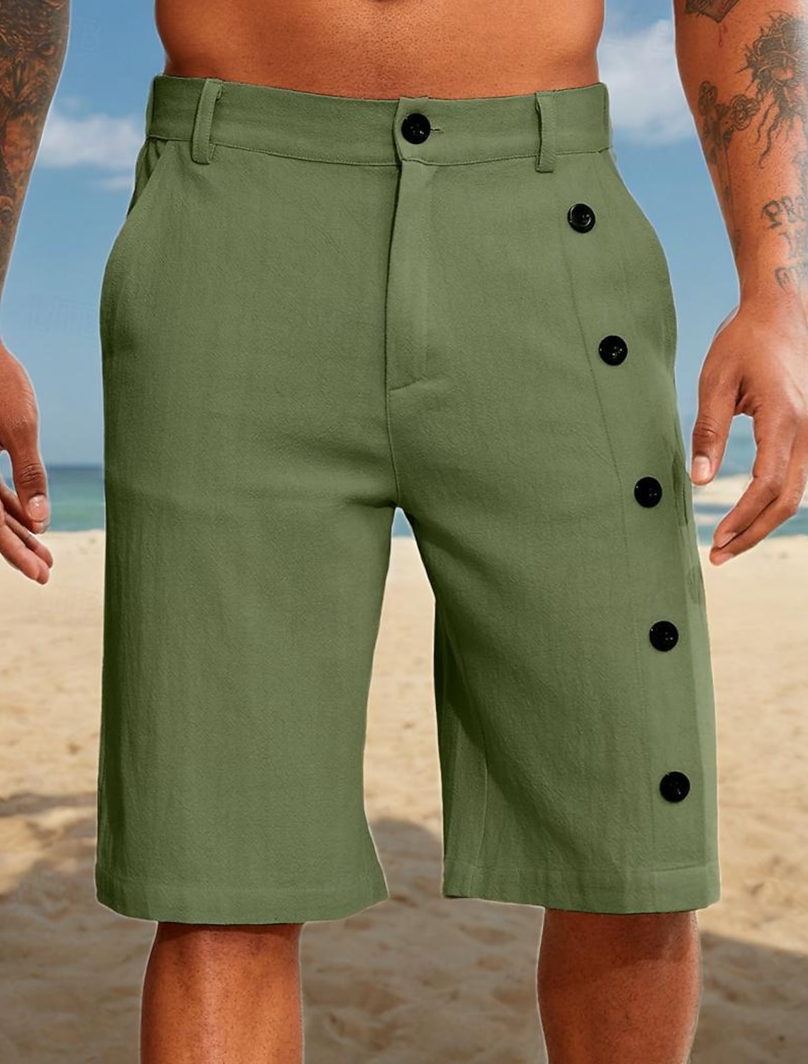 Men's Shorts Linen Summer Pocket Side Button Straight Leg Solid Color