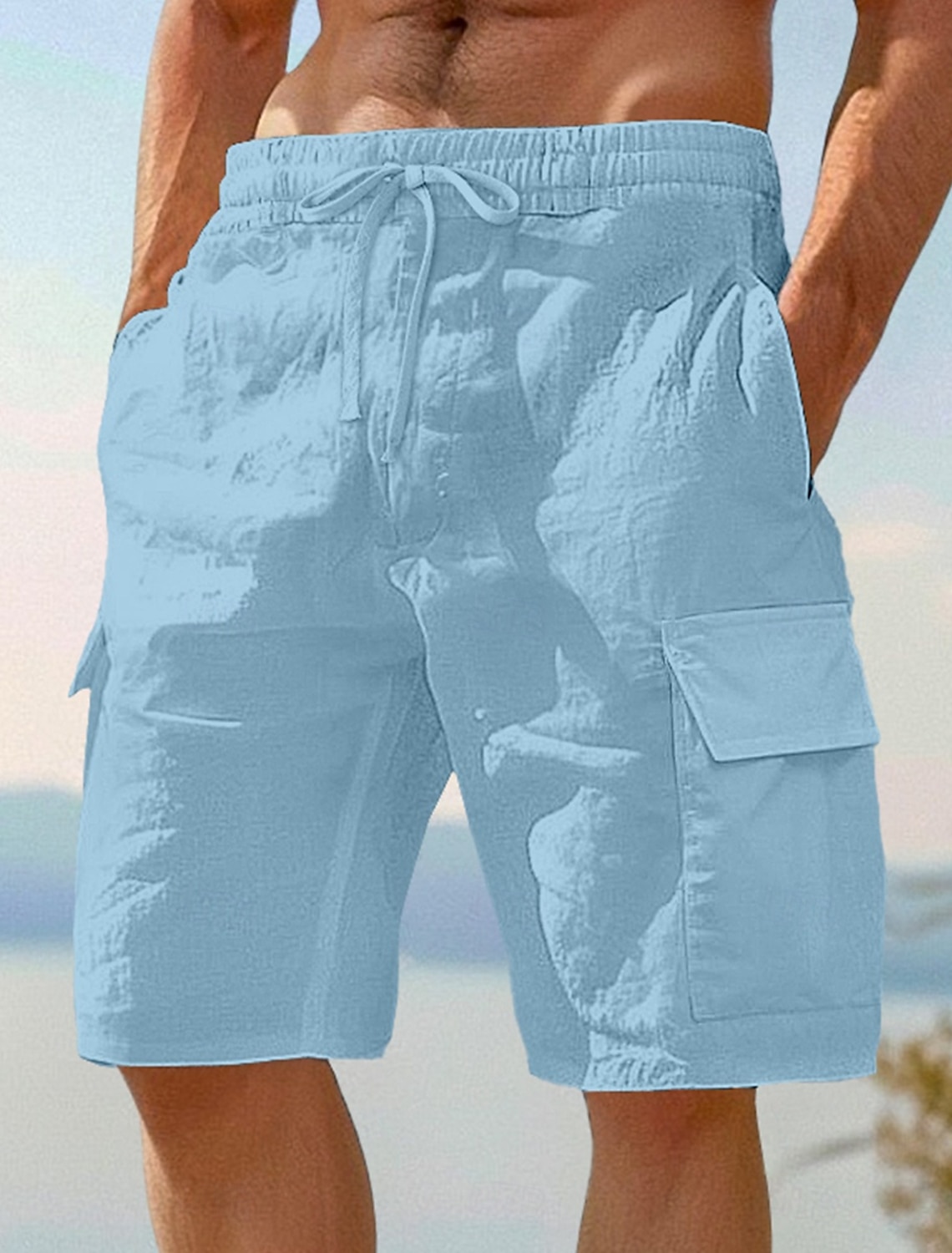 Men's Cargo Shorts Linen Summer Beach Drawstring Elastic Waist Mult #1