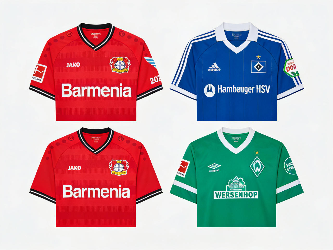 A collage of retro jerseys from Leverkusen, Hamburg, and Werder Bremen