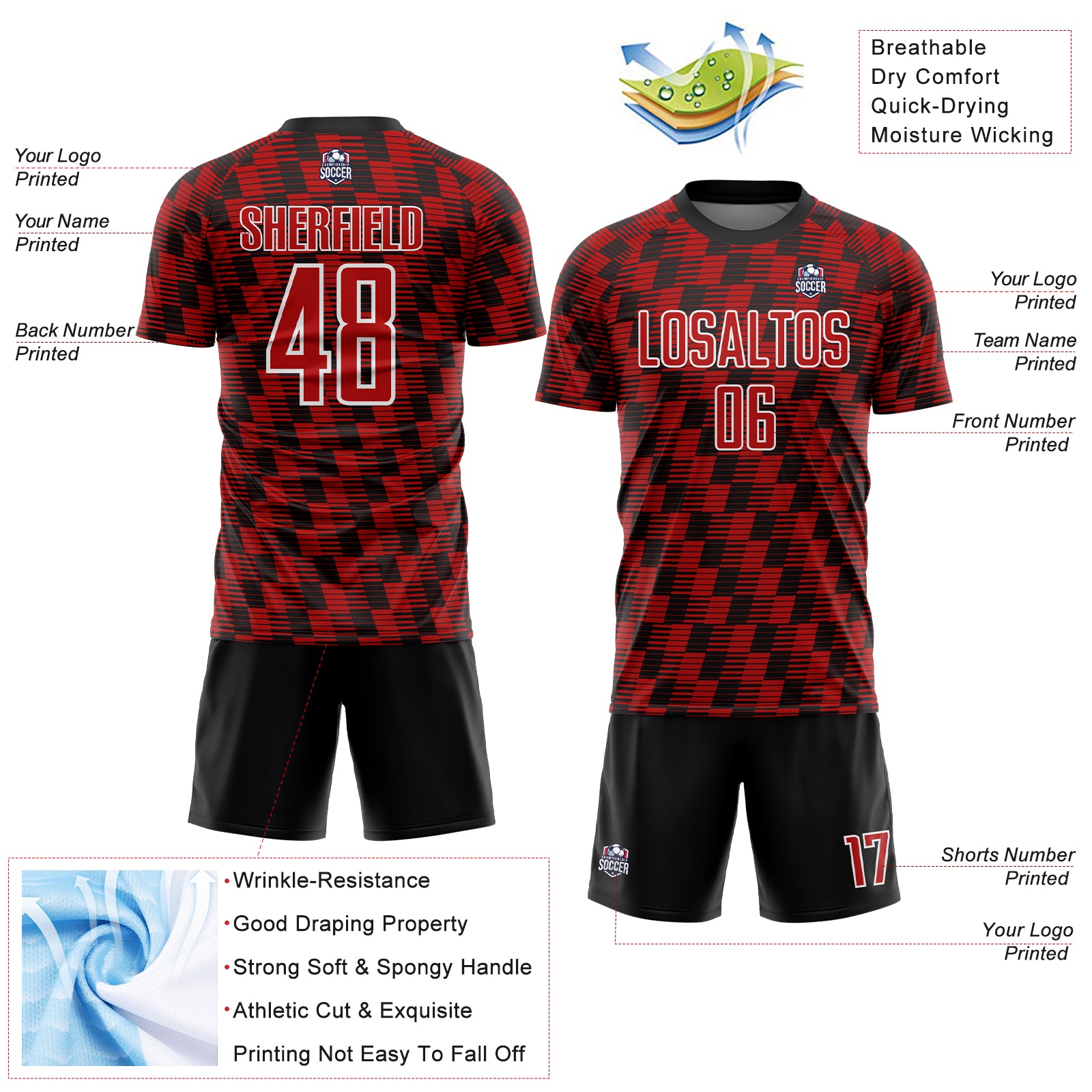 Custom Black Red-White Line Sublimation Soccer Uniform Jersey