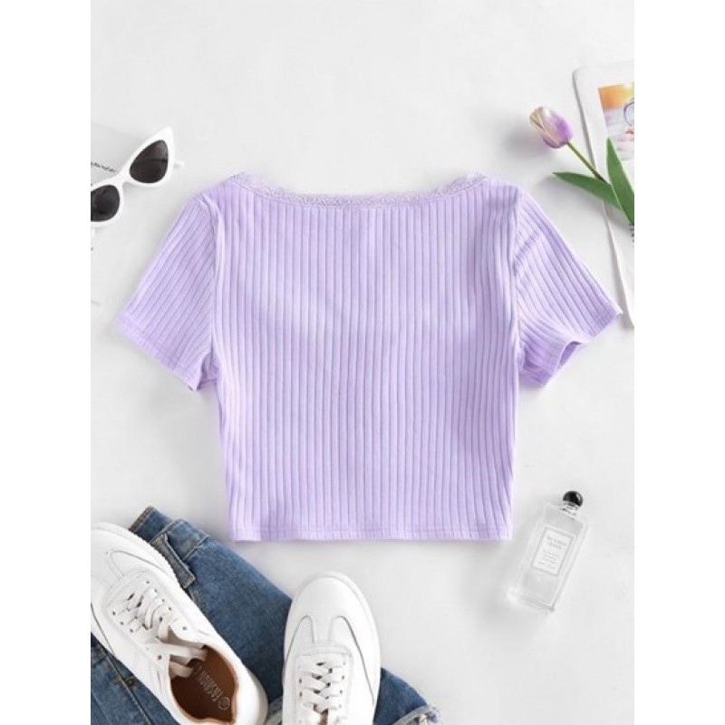 Ribbed Lace Insert Mock Button T Shirt NX0726