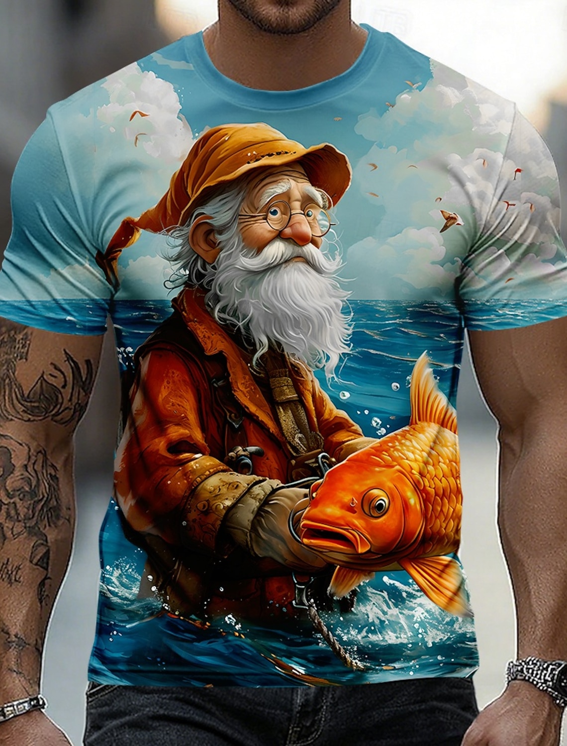 Men's Old Man Fishing T Shirt Short Sleeve T shirt 3D Print Crew Neck Shirt Exaggerated Designer Daily Club Party Blue Light Blue Summer Spring All Seasons Clothing Apparel S M L XL XXL XXXL