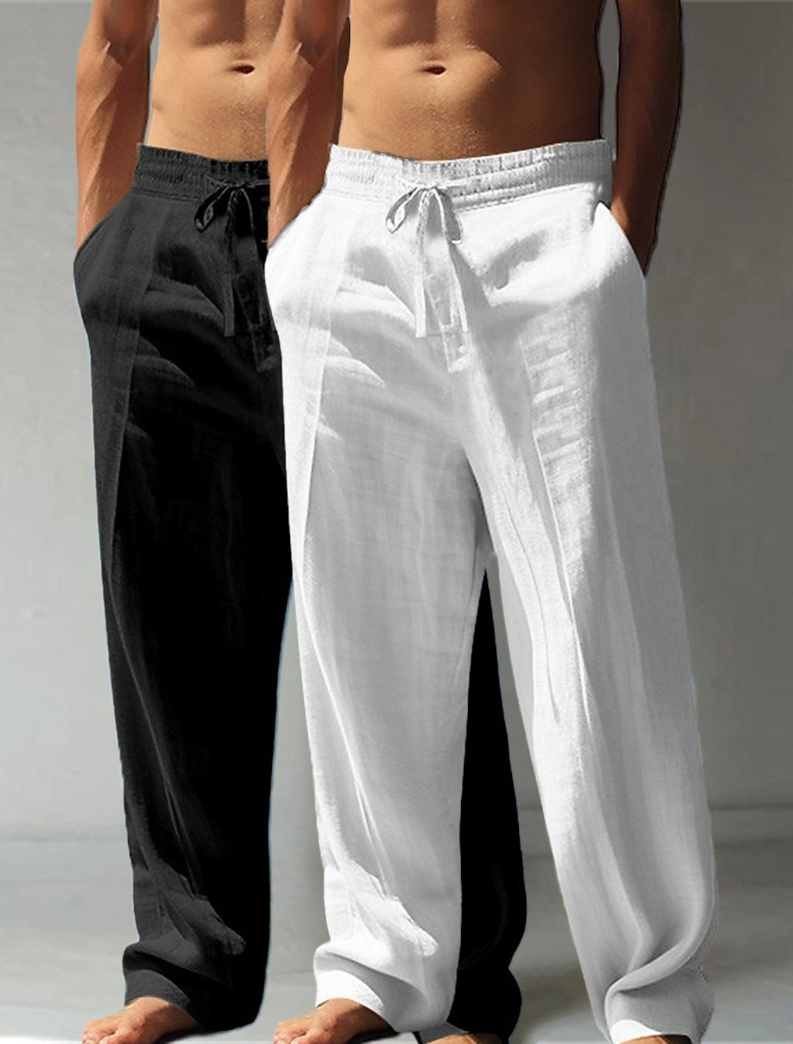 Men's Linen Pants Trousers Summer Pants Baggy Pants Beach Pants Drawstring Elastic Waist Straight Leg Plain Comfort Breathable Full Length Casual Daily Holiday Vacation Classic Style Green+Gray