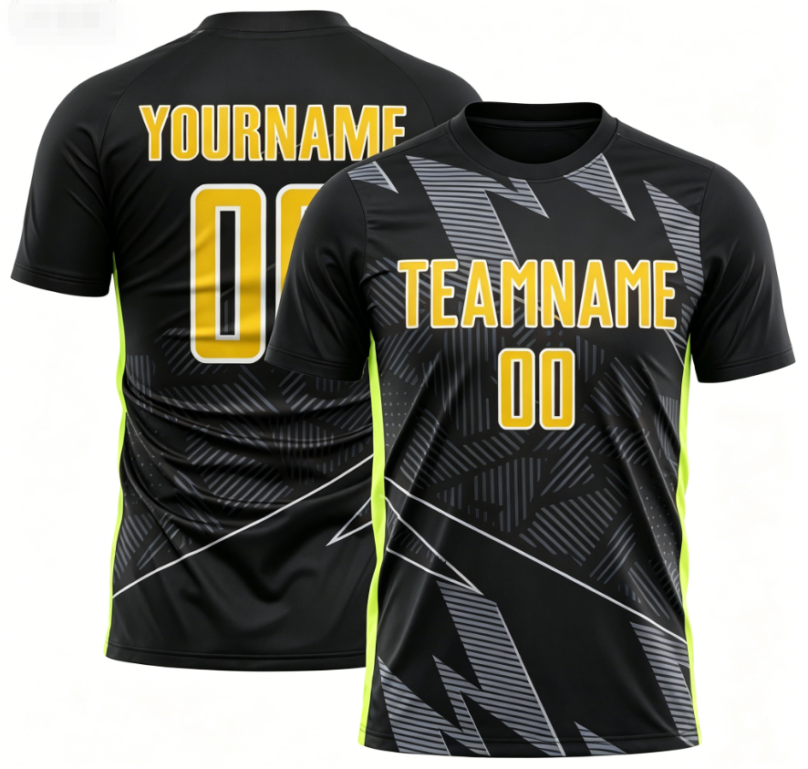 Custom Black Jersey Uniform Soccer - Shape Geometric Neon Yellow-White