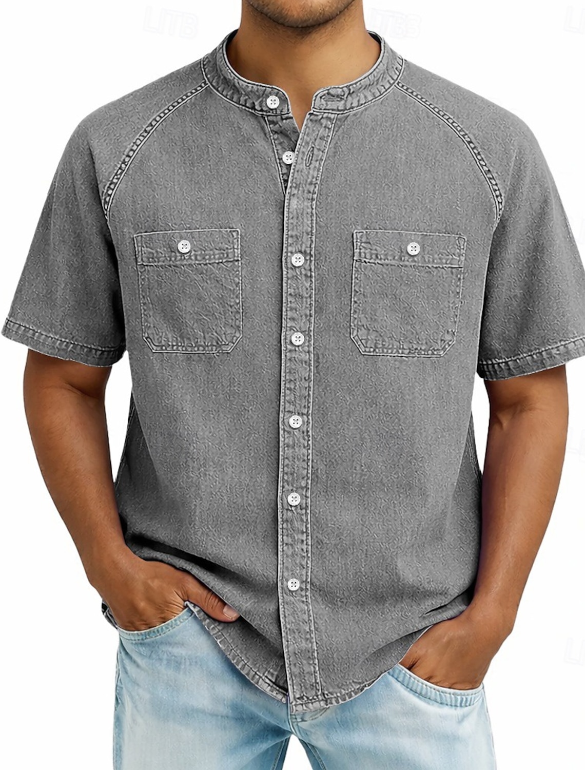 SoftFade™ Men's Shirt Casual Shirt Button Up Shirt Cotton Acid Wash Shirt Black Light Green Pink Purple khaki Short Sleeve Plain Grandad Collar Casual Daily Front Pocket Clothing