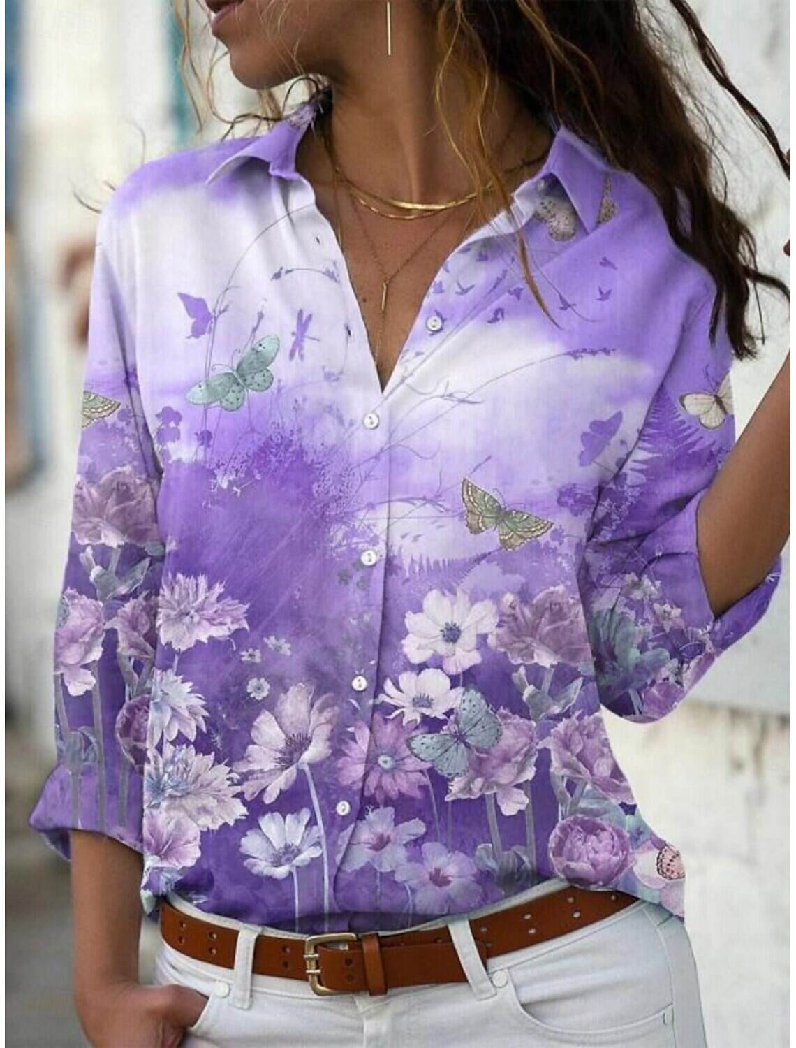 Women's Shirt Blouse Stylish Casual Floral Regular Tops Long Sleeve Shirt Collar Buttons Print Regular Fit Daily Summer Spring