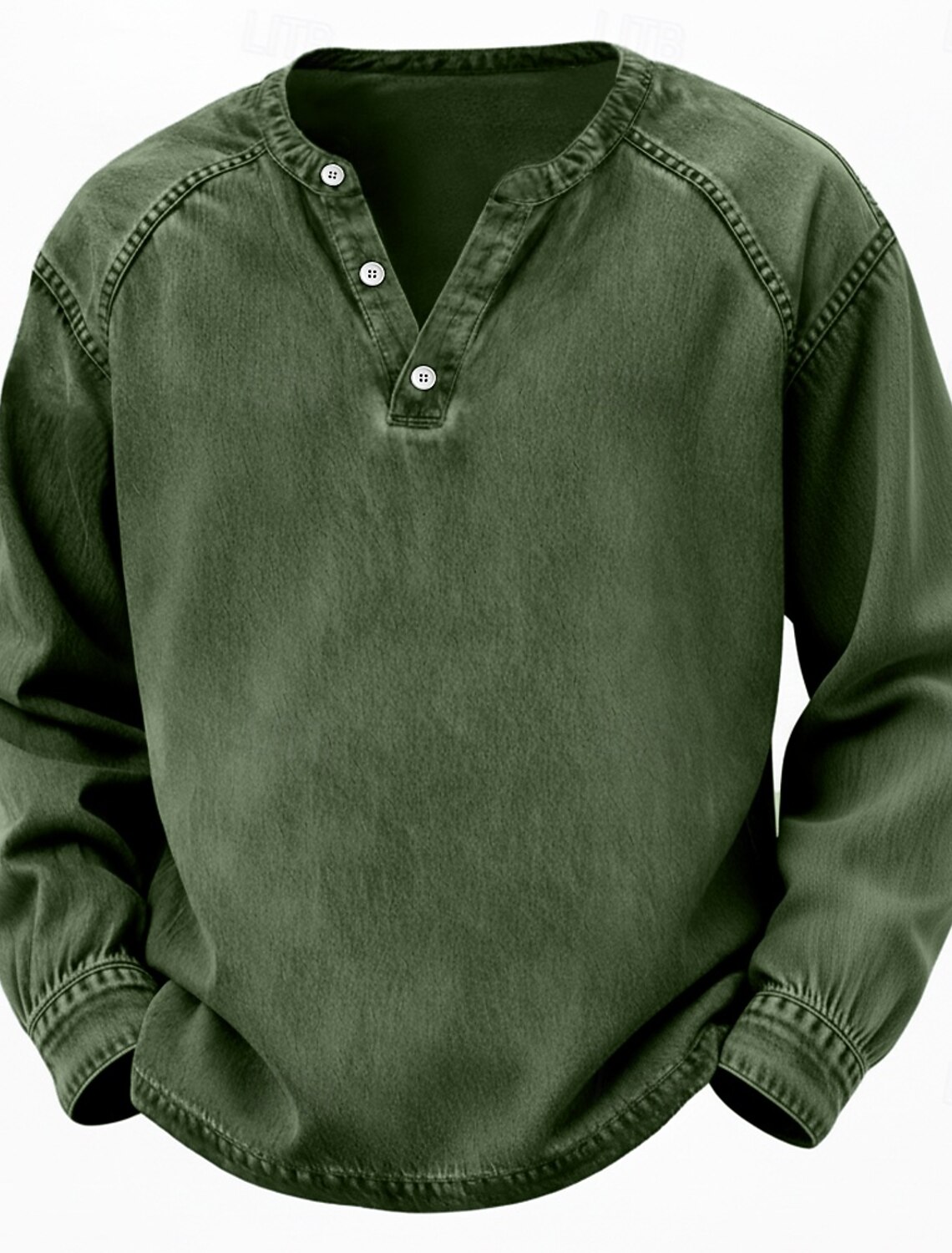 Men's T Shirt Henley 100% Cotton Acid Wash Tee Top Long Sleeve Plai #2