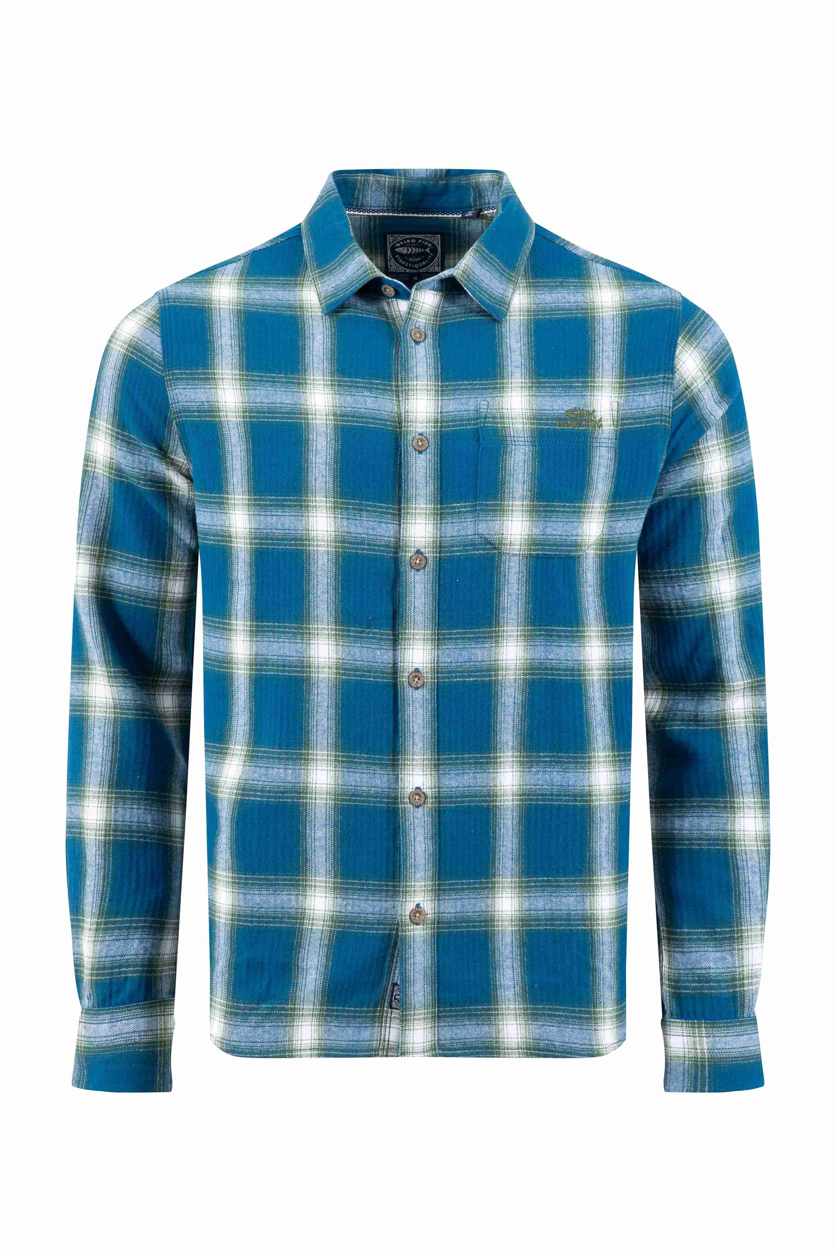 Broxton Organic Cotton Long Sleeve Herringbone Check Shirt Blue
