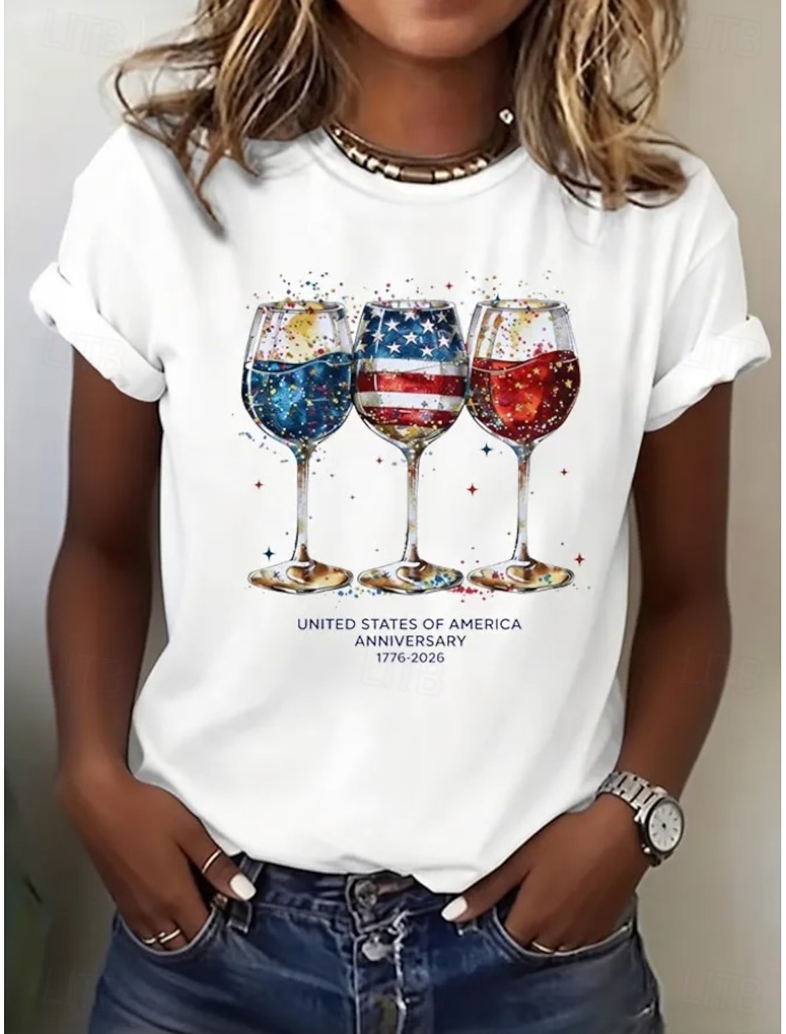American Independence Day Women's T Shirt Print Graphic Flag Wine Glass Stylish Classic Casual Short Sleeve Crew Neck Regular Tops Daily Blue White Yellow Red Black Summer Spring