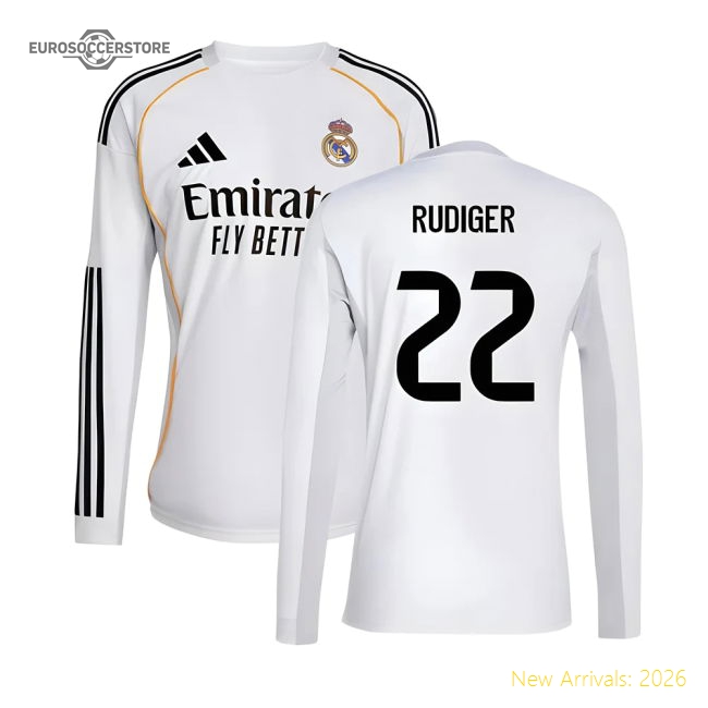 2025-2026 Madrid Real Madrid Long Sleeve Home Jersey Shirt (Rudiger 22)