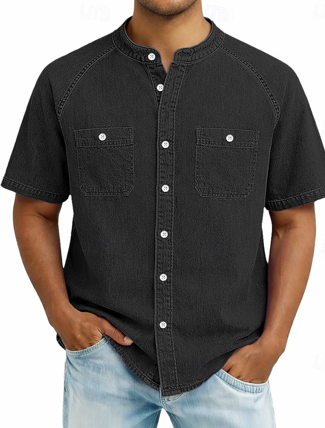 SoftFade™ Men's Shirt Casual Shirt Button Up Shirt Cotton Acid Wash Shirt Black Light Green Pink Purple khaki Short Sleeve Plain Grandad Collar Casual Daily Front Pocket Clothing