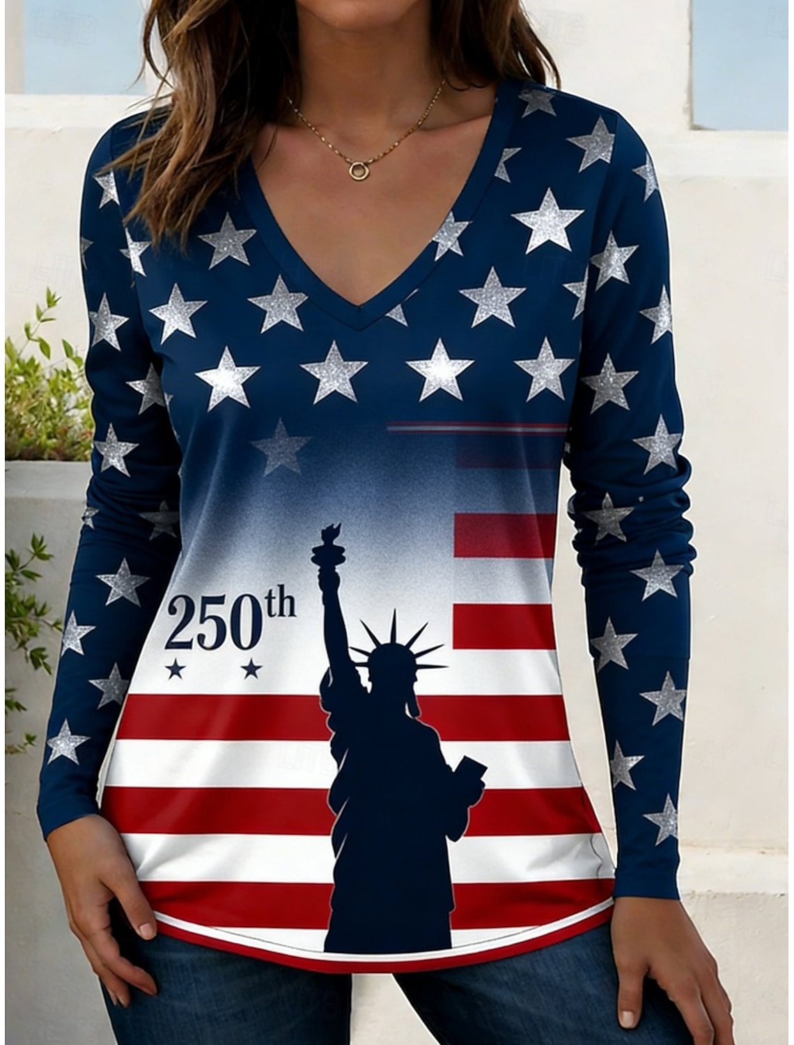 American Independence Day Women's T Shirt Tee Top Print Graphic American Flag Stylish Classic Casual Long Sleeve V Neck Regular Tops Daily Going out Weekend Blue Navy Blue Summer Spring Fall