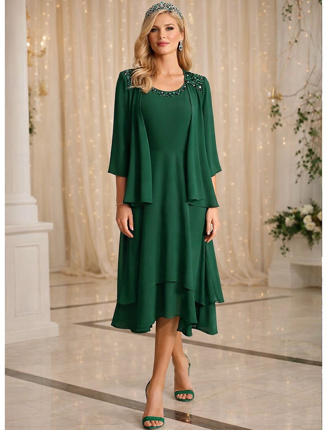 Two Piece Tea Length Wedding Guest Dress Mother of the Bride Dress Half Sleeve Jewel Neck Elegant Vintage Formal Wedding Guest Chiffon Jacket Dresses with Sequin Cascading Ruffles