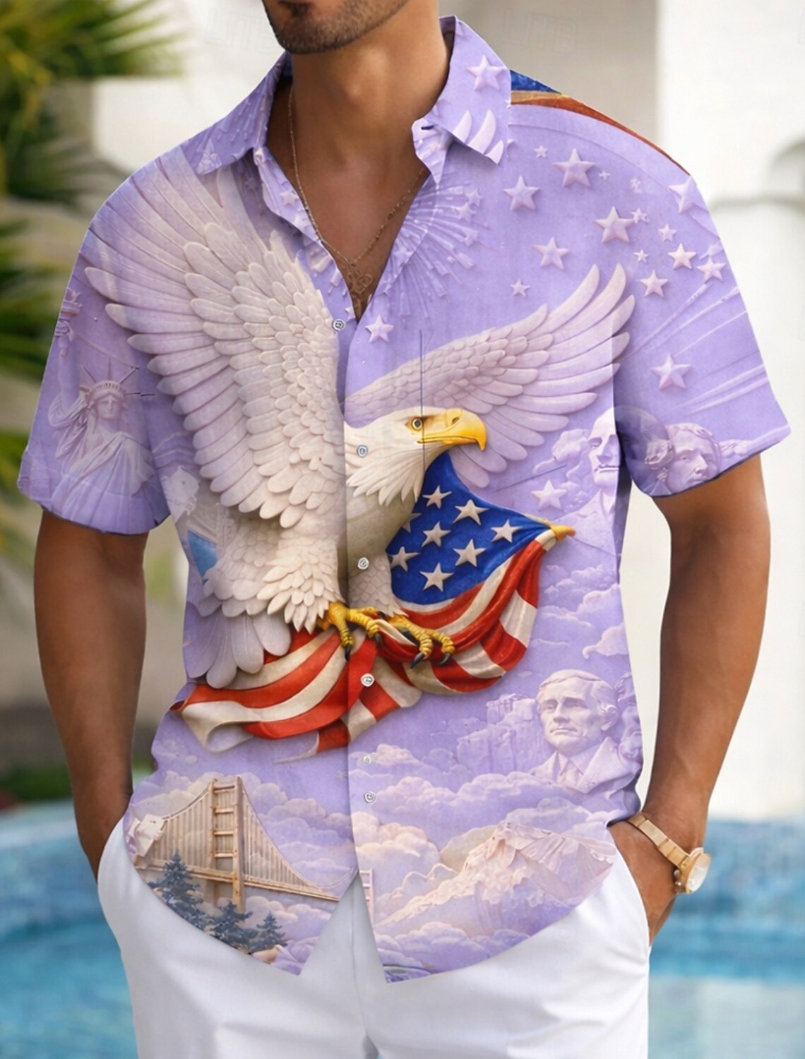 Men's Eagle US Flag America's 250th Anniversary Shirt Summer Shirt Button Up Shirt Short Sleeve Patriotic Outdoor Holiday Summer Spring Turndown 3D Print Collared Shirts Front One Pocket Blue Pink