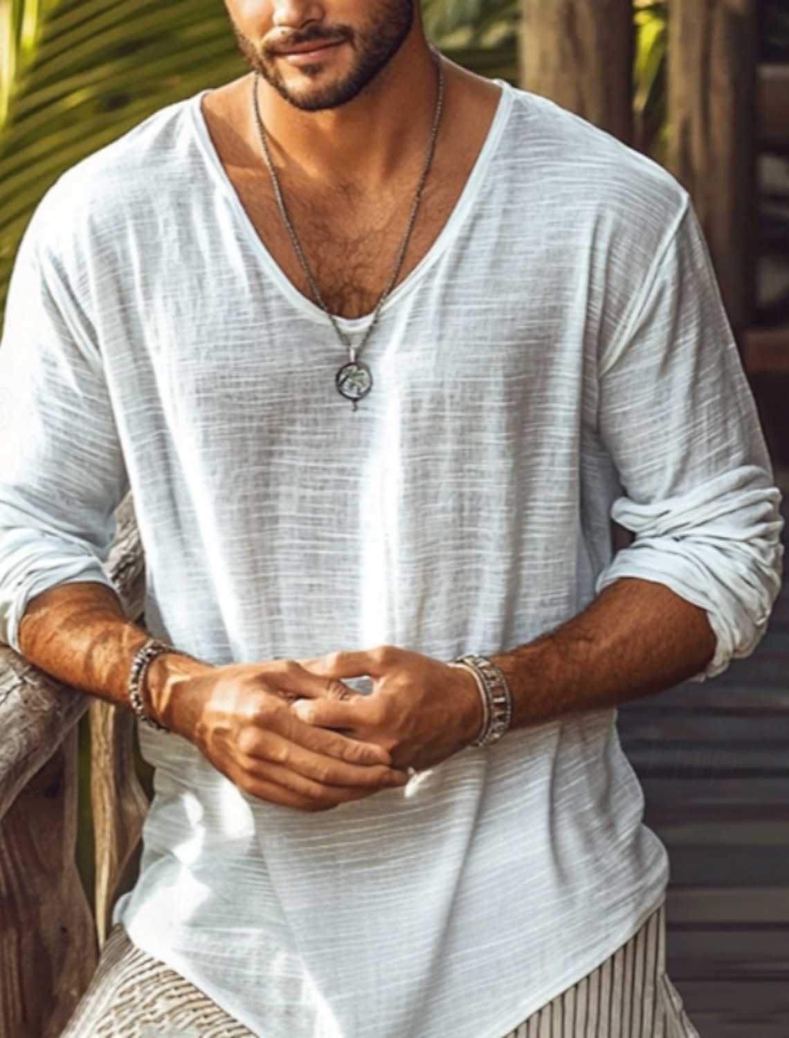 Men's Tee Top Linen-Like T-shirt Long Sleeve Crew Neck Summer Spring