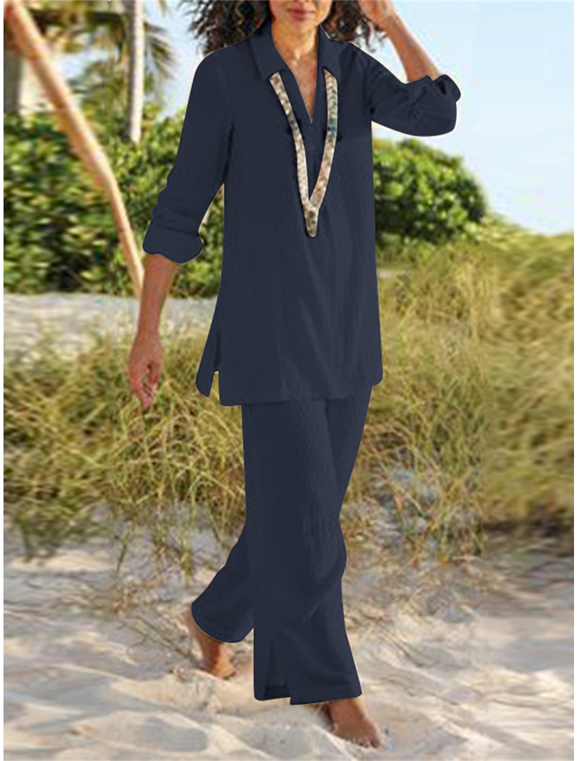 Women's Cotton Linen Sets Loungewear Sets Basic Casual Comfort Pure Color Shirt Pant Daily Home Vacation Long Sleeve Lapel Black Brown Khaki Dark Blue Summer Spring