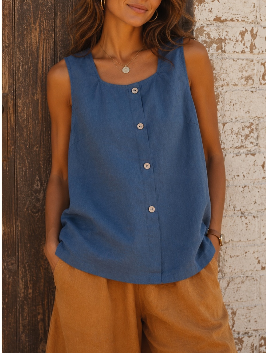 Women's Cotton Linen Vest Buttons Solid Color Vintage Sleeveless Regular Tops Casual Blue Yellow Brown Summer Spring