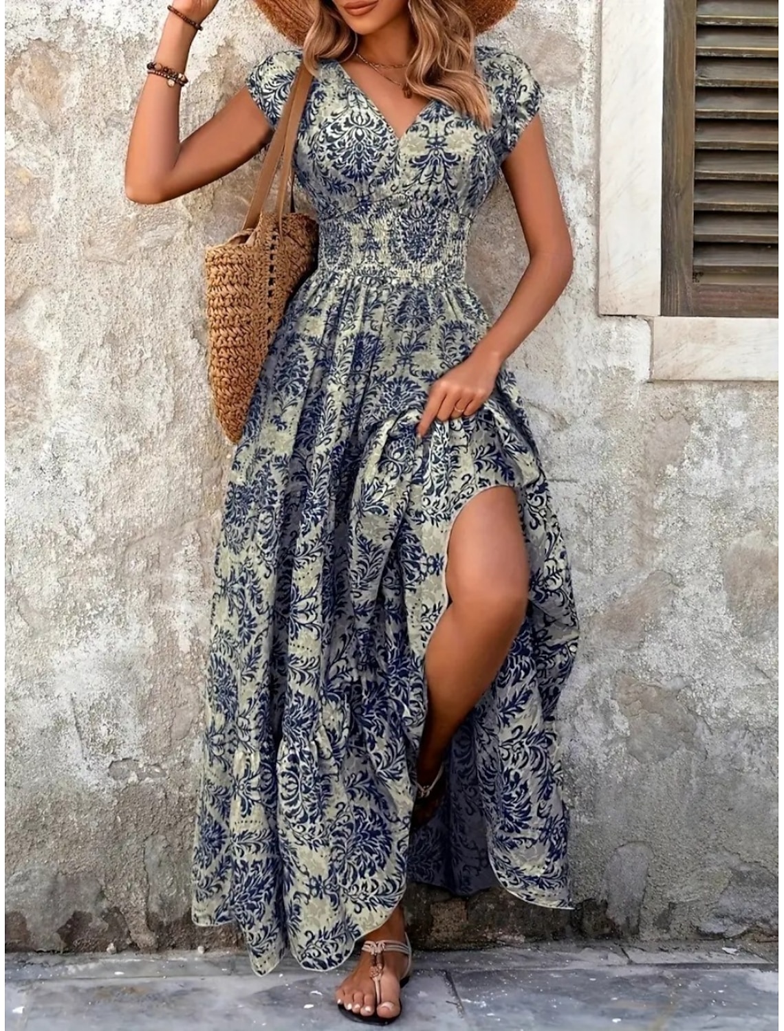 Women's Maxi long Dress Long Dress Maxi Dress Boho Dress Beach Dress Floral Dress Elegant Fashion Modern Daily Outdoor Vacation Regular Fit Floral Short Sleeve V Neck Blue Royal Blue Purple Green
