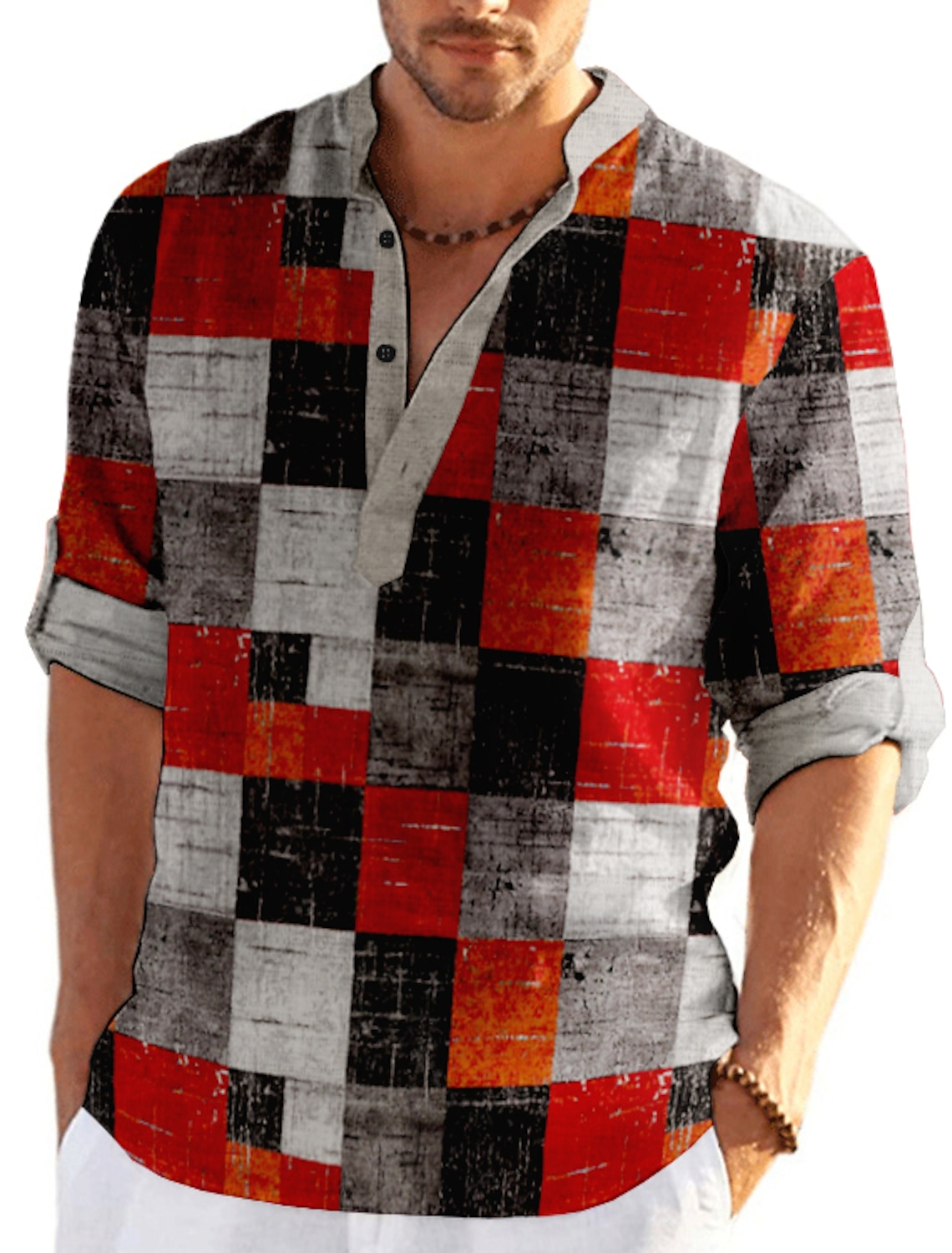 Men's Plaid / Check Patchwork Geometric Pattern Shirt Button Up Shirt Long Sleeve Fashion Streetwear Designer Casual Going out Summer Spring Fall Stand Collar Print Blue Khaki Khaki+Khaki Black White