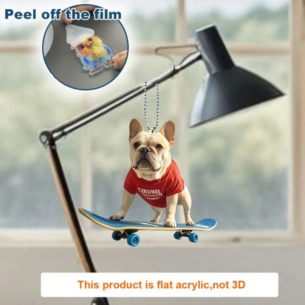 Chic French Bulldog Keychain – 2D Acrylic Skateboard Puppy Pendant