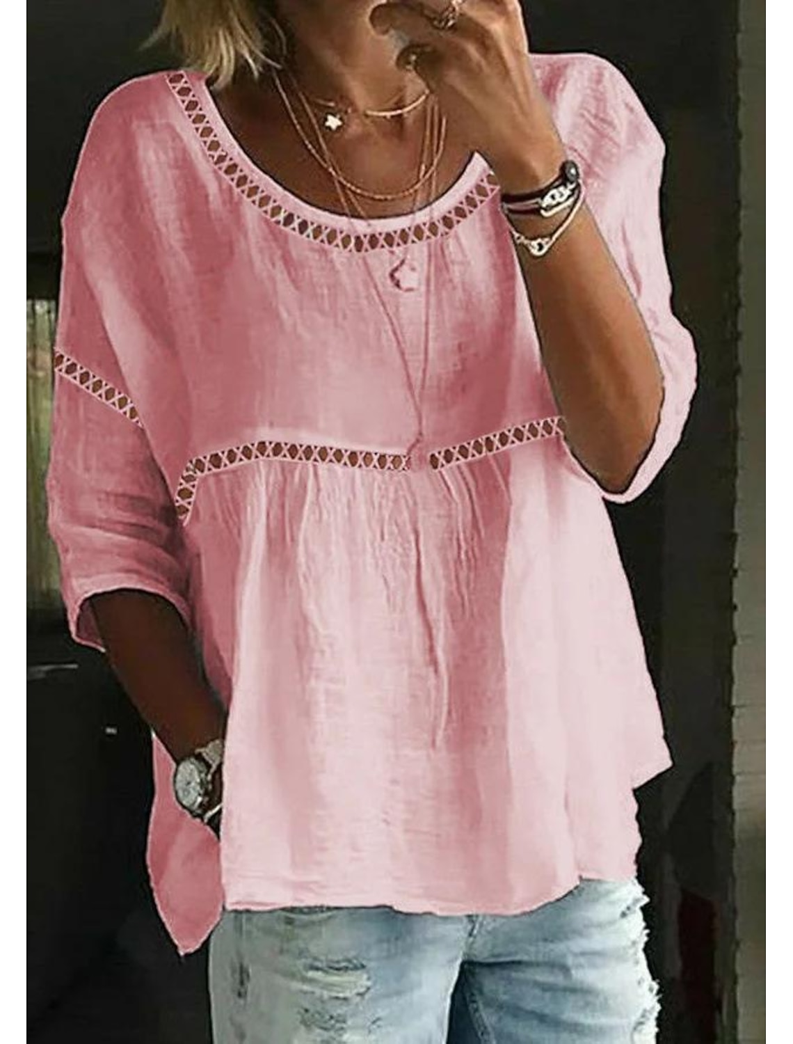 Women's Linen-feel Shirts Eyelet Top Lace Shirt Long Cotton Top Lace Patchwork Plain Basic 3/4 Length Sleeve Round Neck Regular Tops Casual White Pink Summer Fall