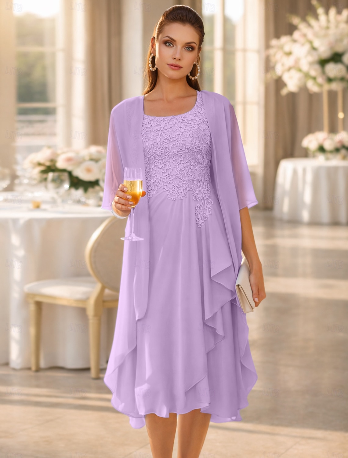 Two Piece A-Line Knee Length Wedding Guest Dress Mother of the Bride Dress Sleeveless Scoop Neck Elegant Wedding Guest Wedding Party Chiffon Lace Jacket Dresses with Pleats Appliques
