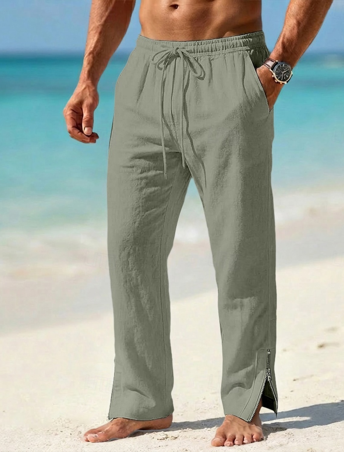 Men's Linen Pants Trousers Summer Pants Beach Pants Drawstring Zipper Elastic Waist Plain Comfort Breathable Full Length Outdoor Beach Holiday Vacation Fashion Khaki White Inelastic