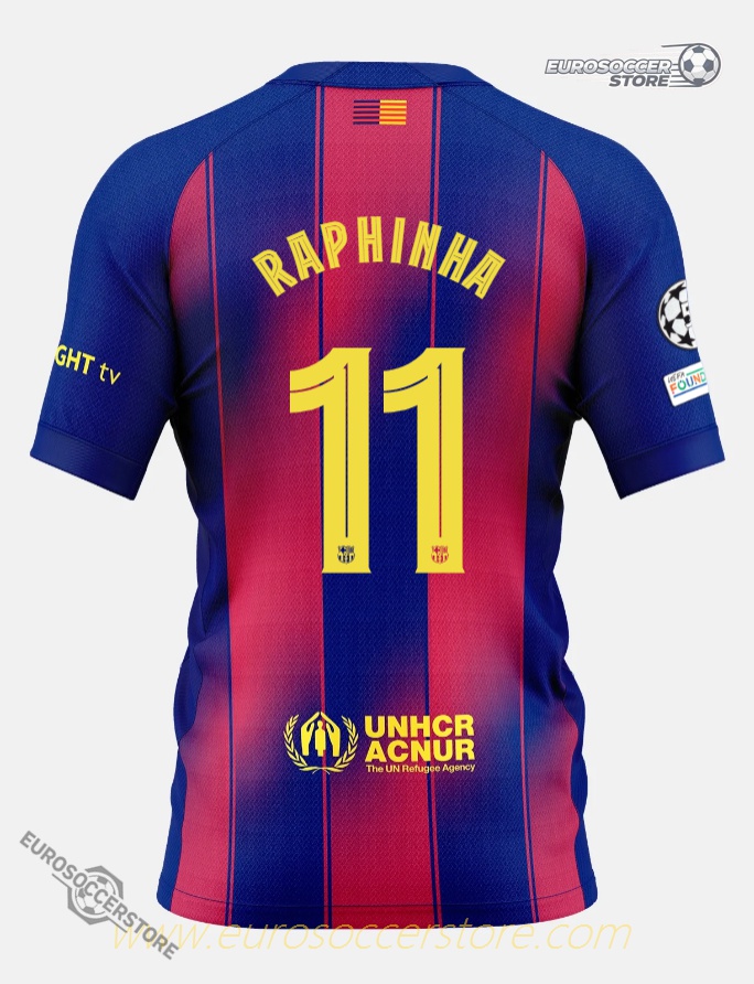 Barcelona's 25-26 Champions League Home Jersey featuring RAPHINHA, wearing the number 11