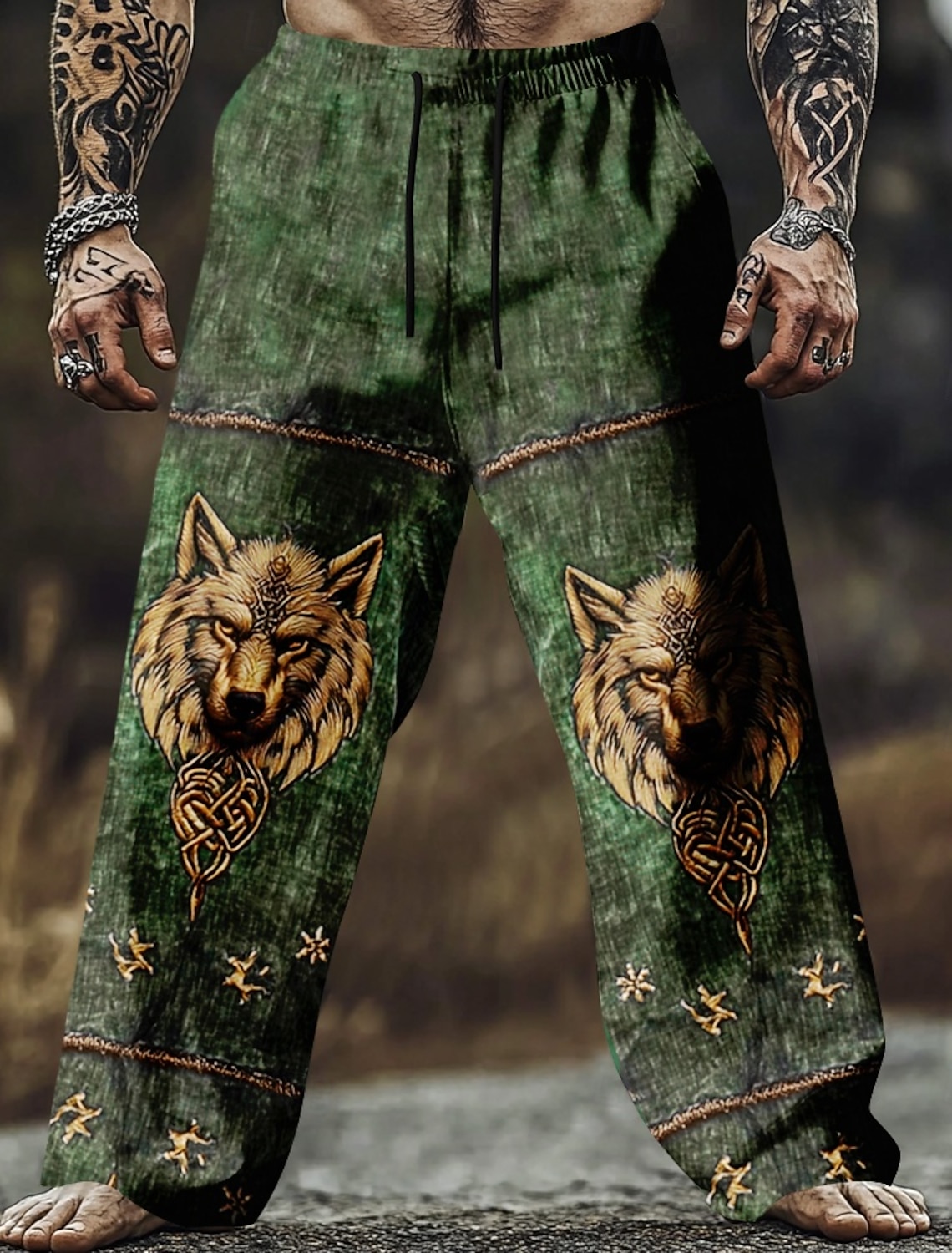 Men's Wolf Viking Celtic Art Trousers Baggy Pants Casual Mid Waist