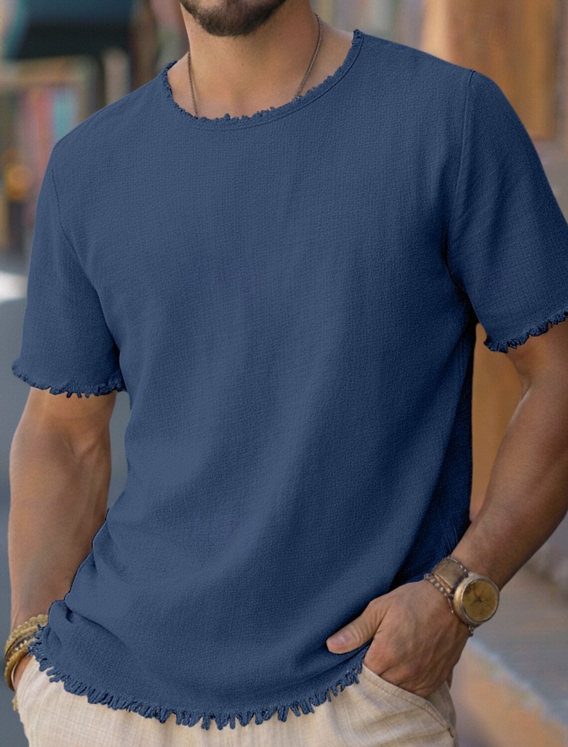 Men's Tee Top Linen T-Shirt Short Sleeves Crew Neck Round Summer Plain