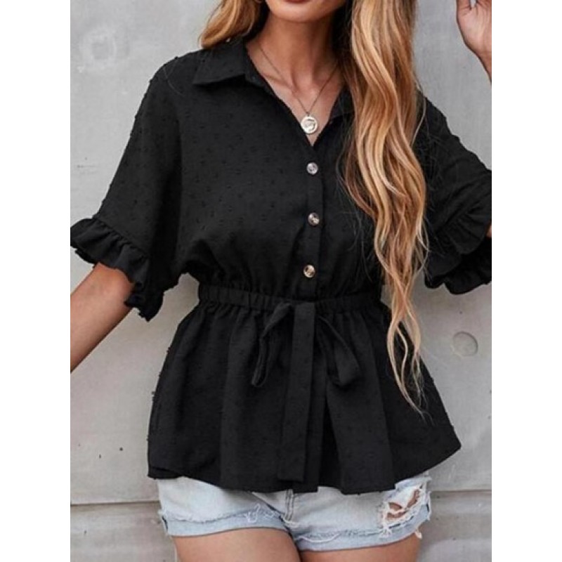 Swiss Dot Half Button Batwing Sleeve Peplum Blouse TO9345