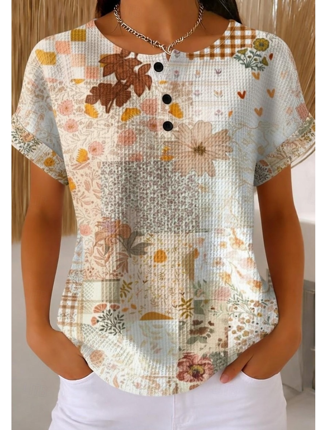 Women's Waffle Textured Knit Tops T Shirt Color Block Print Graphic Geometric Stylish Classic Short Sleeve Crew Neck Round Neck Daily Sports Weekend Light Brown Rainbow Red / Blue Summer Spring