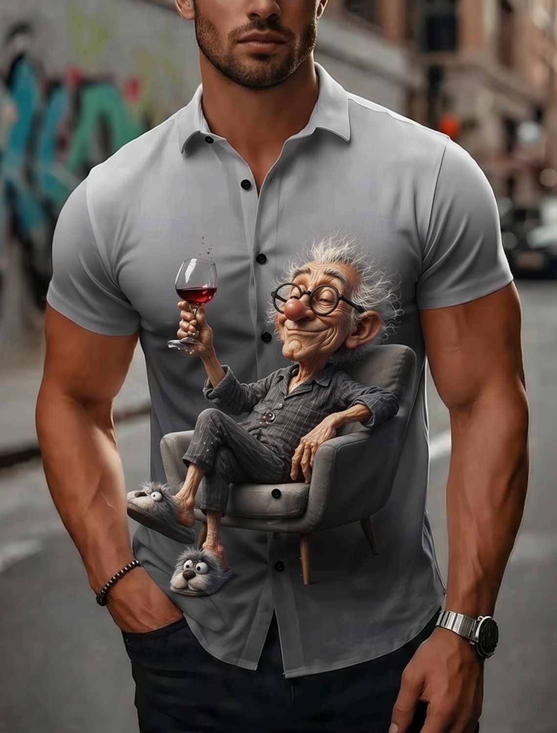 Men's Guitarist Player Cartoon Character Old Man Shirt Summer Shirt Button Up Shirt Short Sleeve Funny Vintage Retro Daily Outdoor Vacation Summer Spring Turndown 3D Print Collared Shirts Blue Violet
