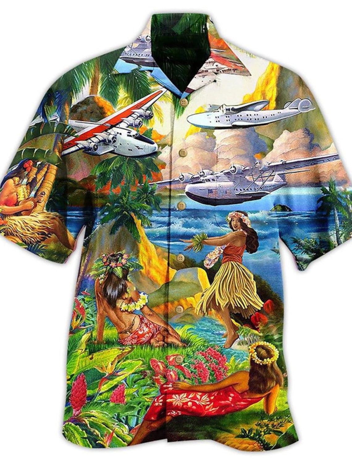 Men's Airplane Hula Girls Shirt Summer Hawaiian Shirt Aloha Shirt Short Sleeve Shirt Turndown Tropical Fashion Hawaiian Casual Beach Hawaiian Blue S M L