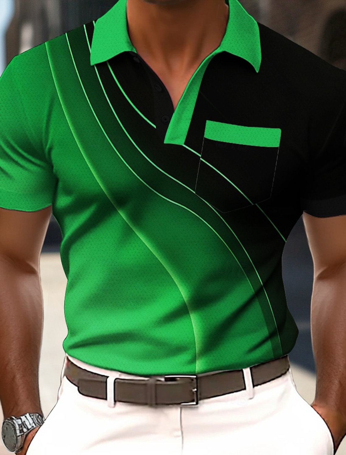 Men's Geometric Line Polo Short Sleeve Shirts Collared Business Casual