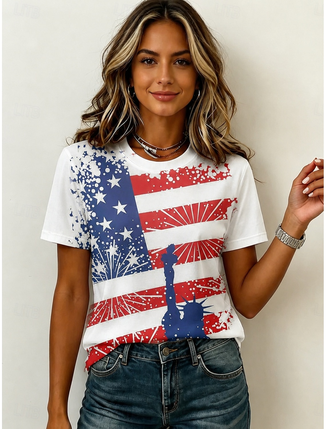 Independence Day Patriotic Women's T Shirt V Neck Long Sleeve Tunic Geometric National Flag Elegant Vintage Stylish Regular Tops Daily Weekend Print Red Navy Blue Blue Spring Prefall